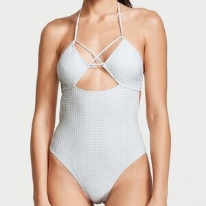 Victoria's Secret Swim Gingham Cutout One-Piece Swimsuit Blue Size Large